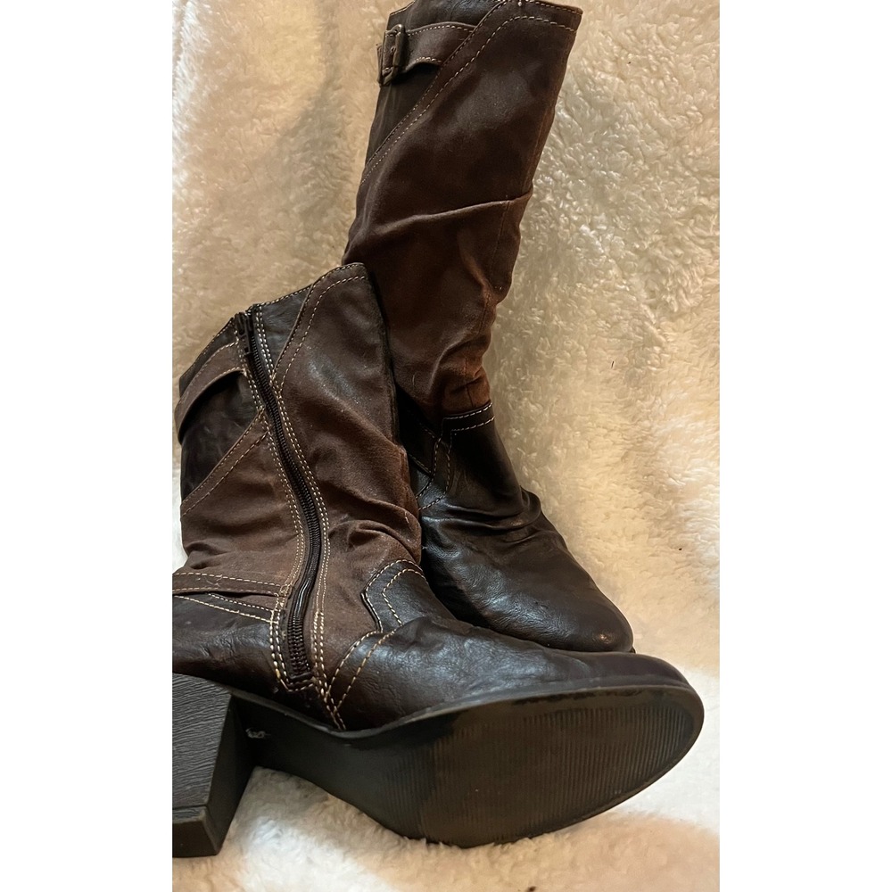 Amani Brown Faux Leather Suede Mid Calf Buckle Boots Block Heel Size 8M